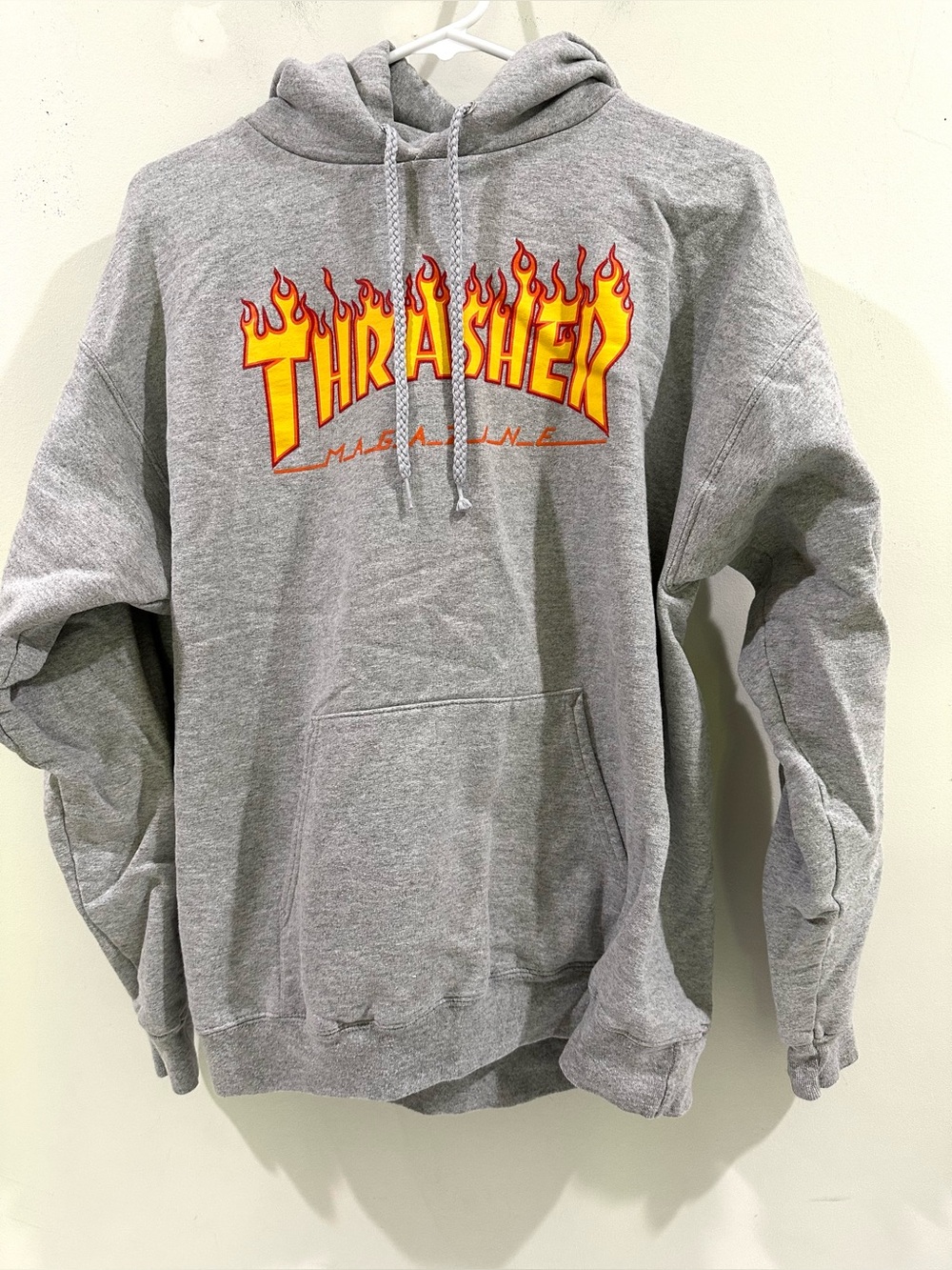 Vintage Y2K Hoodie Thrasher Magazine Grey Flames Skater Grunge- Medium